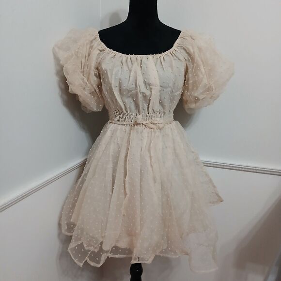 Women's Champagne Swiss Dot Puff Sleeve Babydoll Mini Dress Size L New - Picture 1 of 8